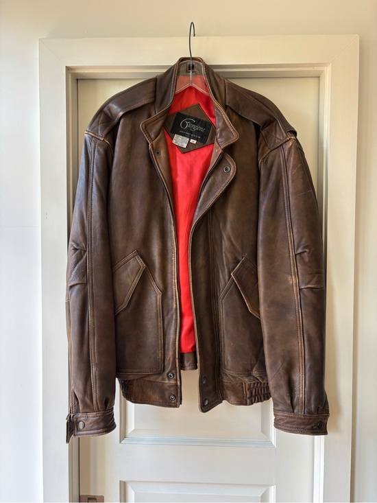 Giorgione Other - Vintage Men's Brown Leather Bomber Jacket with Red Lining
